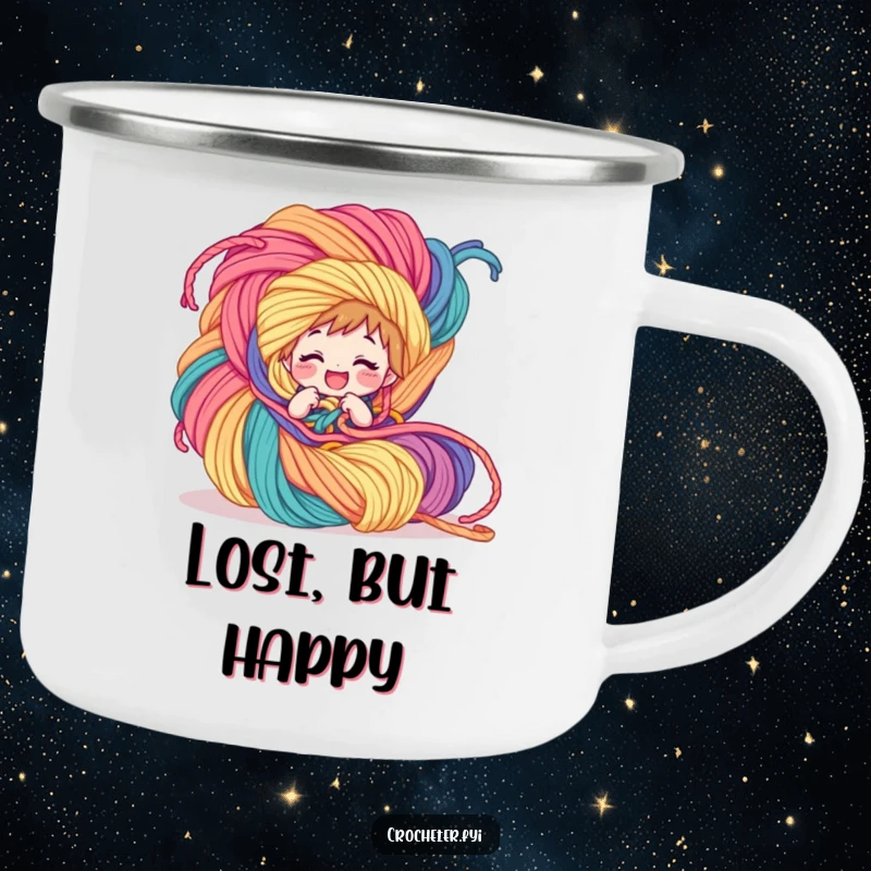 Funny Camping Mug: A giggling character is comically entwined with a massive, colorful yarn creation, perfect for outdoor crafting moments.