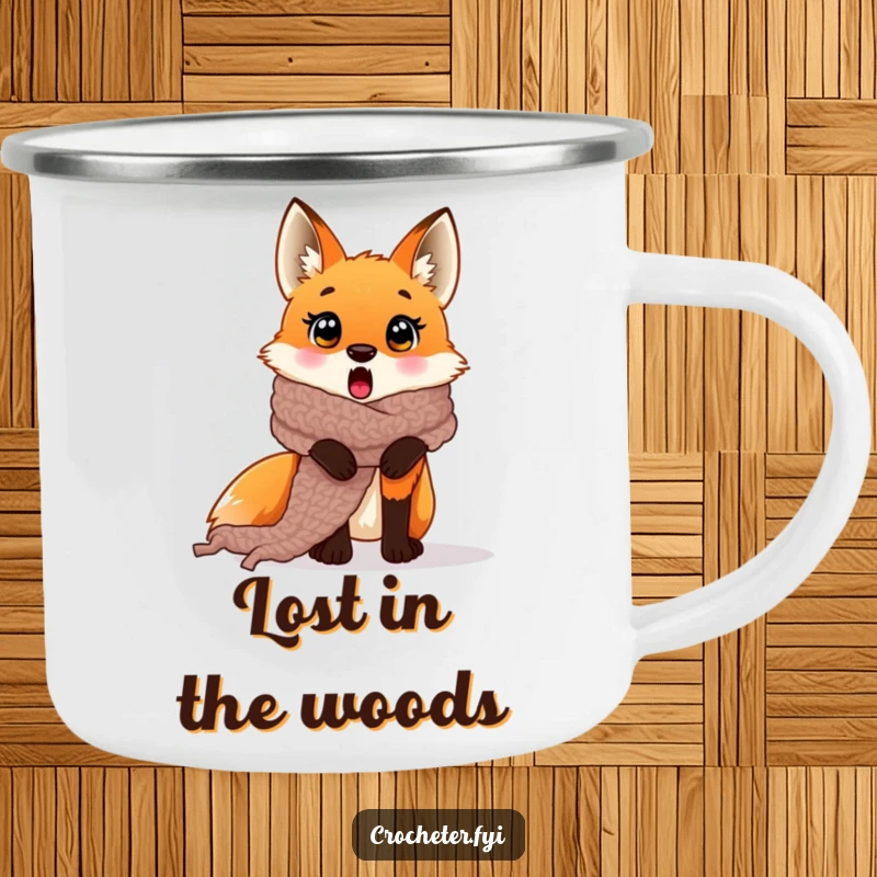 Funny surprised fox crochet camping mug entangled in a scarf, for cozy outdoor moments.