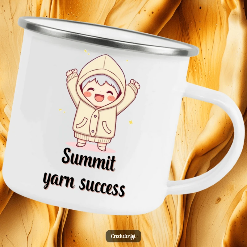 Funny camping mug featuring a joyful character triumphantly finishing a cozy garment, ideal for celebrating outdoor craft achievements.