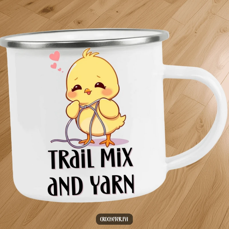 Funny chick camping mug, showing a happy chick untangling yarn, perfect for outdoor knitting enthusiasts.