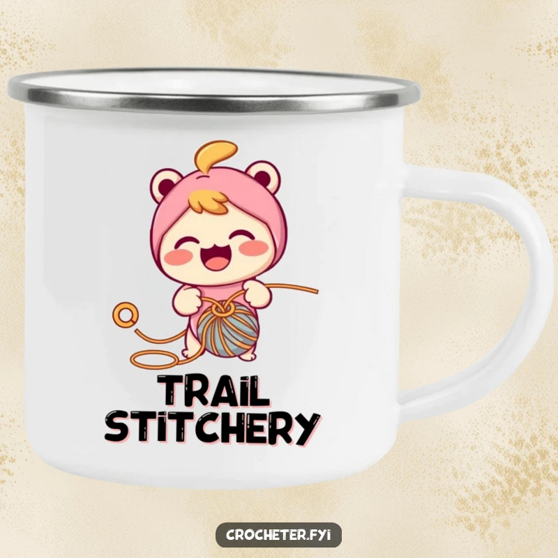 Funny camping mug showing a cheerful character enthusiastically crocheting with a hook and yarn, perfect for outdoor crafting inspiration.