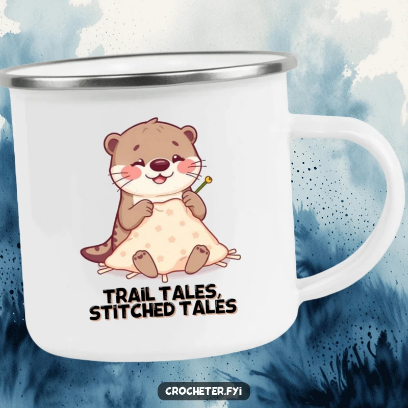 Funny Otter Stitching Camping Mug: Happy otter humorously crafts with large, clumsy needles, a funny outdoor gift.