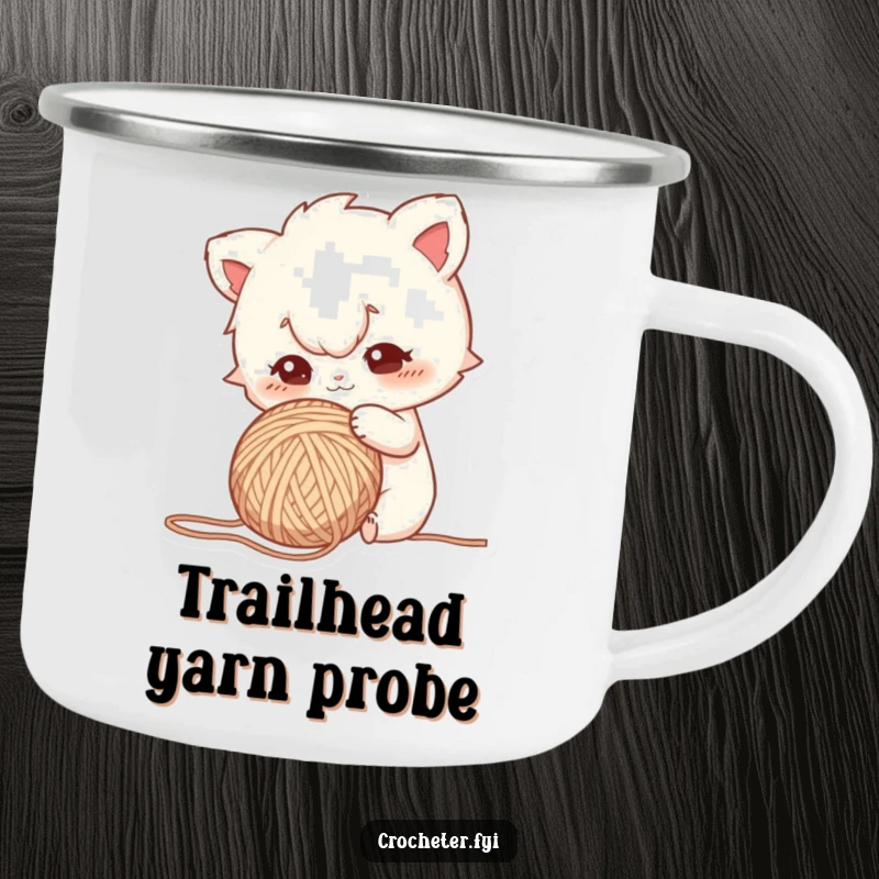 Funny camping mug featuring a curious character intently poking a ball of yarn, ideal for explorers and crafters.