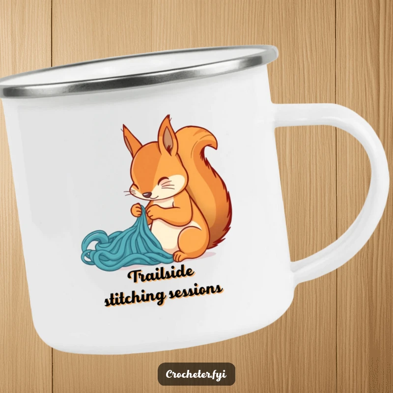 Funny squirrel knitting a stitch on a camping mug, perfect for outdoor enthusiasts and crafters, a humorous gift.
