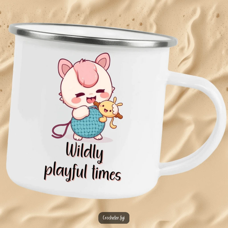 Funny Camping Mug: A mischievous character playfully tickles a friend with a crochet hook, perfect for outdoor fun.