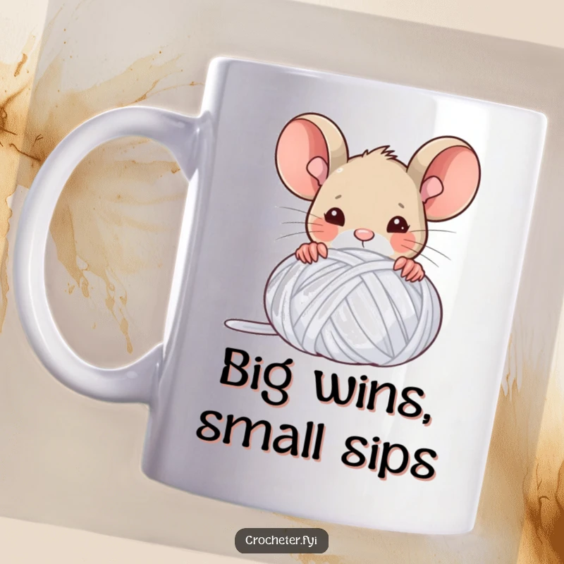 Funny mug showing a small mouse peeking triumphantly from behind a giant ball of yarn, celebrating a crafty achievement.