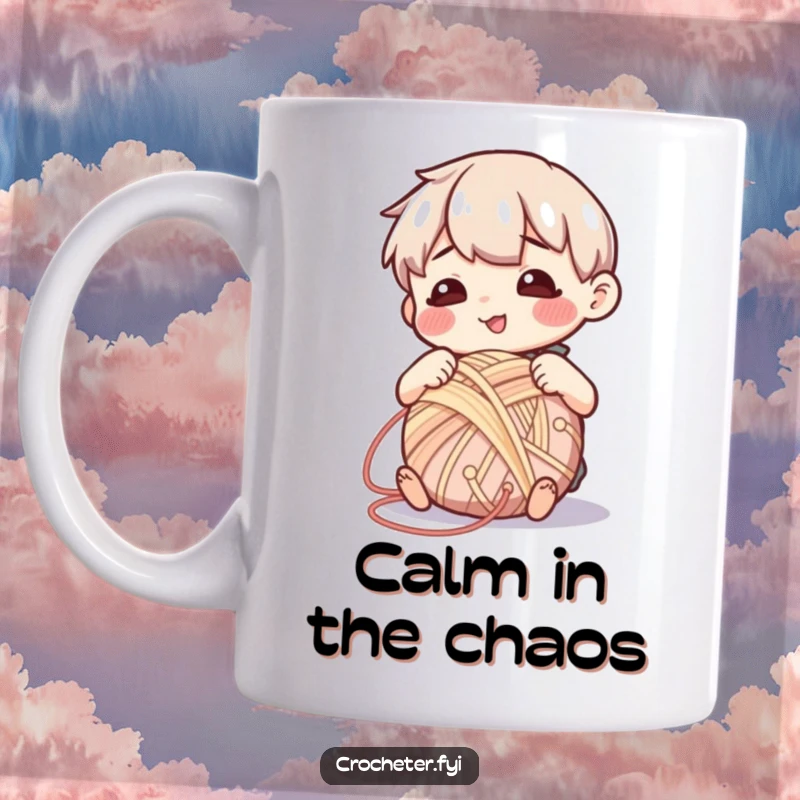 Funny mug with a contented character peacefully winding yarn into a perfect ball, radiating calm and crafting satisfaction.
