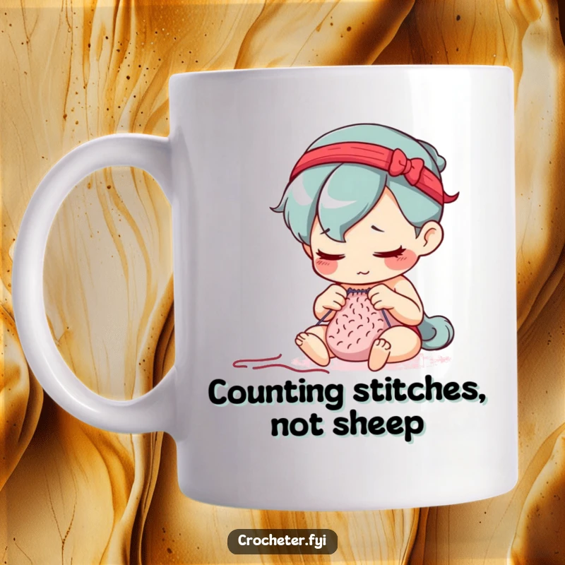 Funny mug featuring a determined character intently counting stitches with a focused expression, celebrating crafting precision.