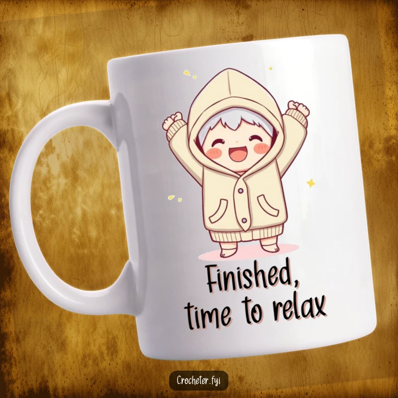 Funny mug featuring a joyful character triumphantly finishing a cozy garment with a flourish, celebrating crafting success.