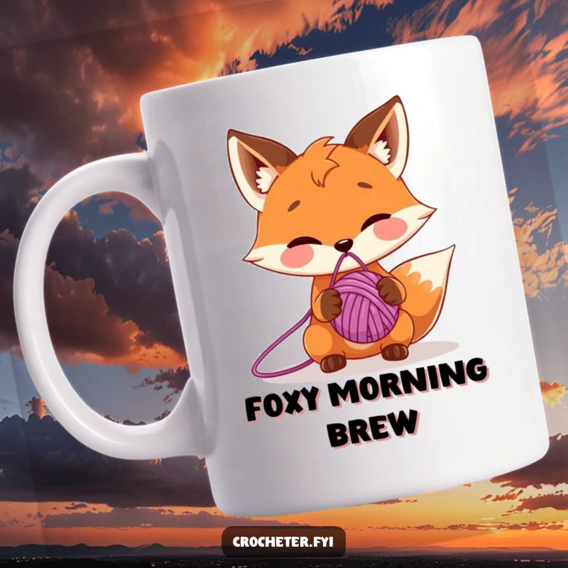 Funny mug depicting a mischievous fox character playfully balancing a ball of yarn on its nose, a scene of clever fun.