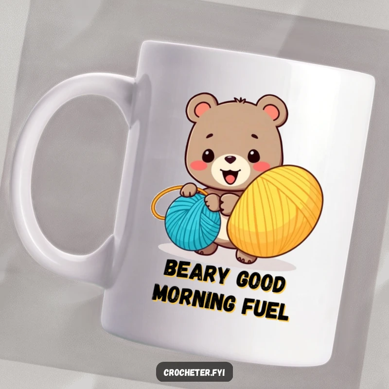 Funny mug depicting a smiling bear character enthusiastically winding a giant, colorful ball of yarn, a scene of cozy creation.