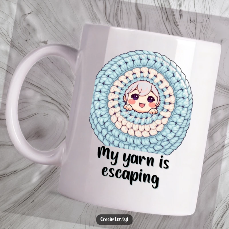 Funny mug featuring a cheerful character peeking over a gigantic crochet project, illustrating crafting obsession and cozy humor.