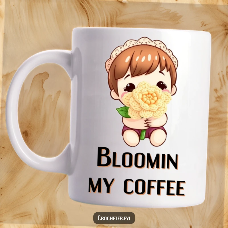 Funny mug with a content character proudly holding a beautifully crocheted flower, symbolizing crafting achievement.