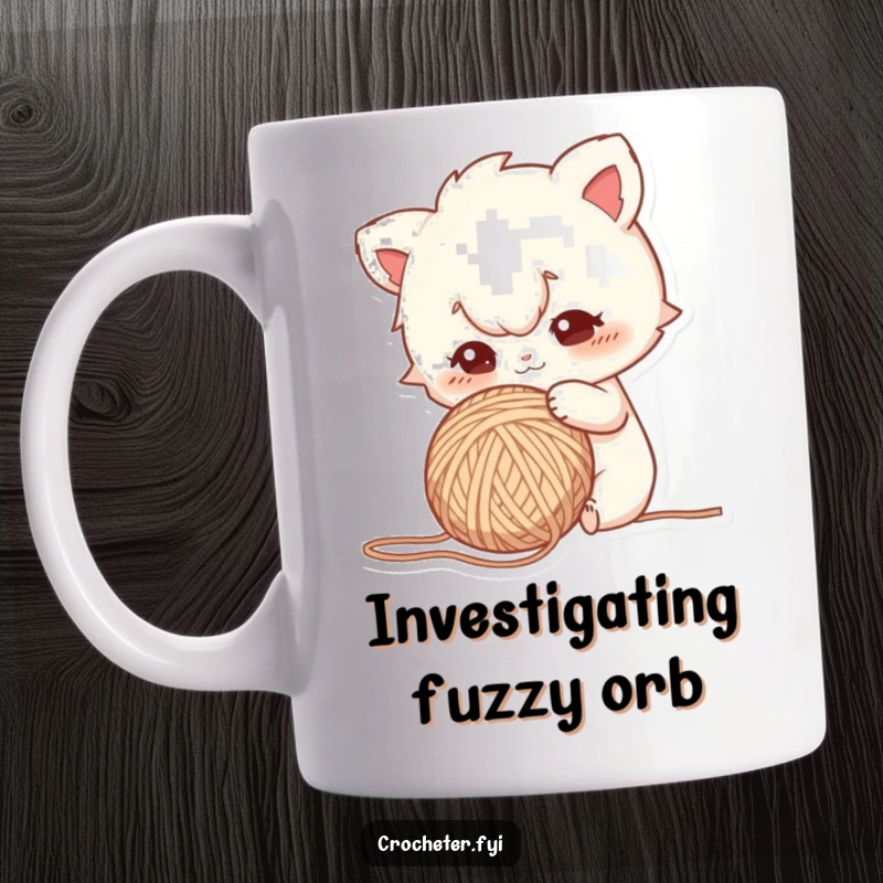 Funny mug featuring a curious character intently poking a ball of yarn with a focused and inquisitive expression.