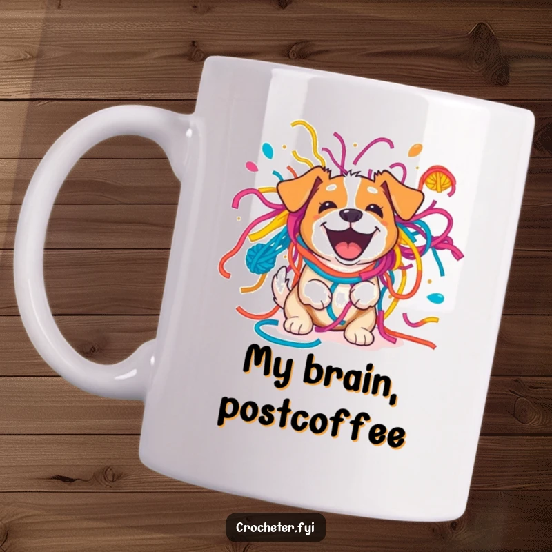 Funny excited dog tangled in a vibrant yarn explosion, looking playful and slightly overwhelmed, a perfect gift for dog lovers.