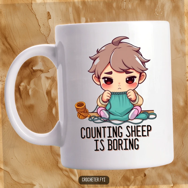 Funny mug with a determined character intensely counting knitting stitches, showcasing extreme focus and dedication to their craft.