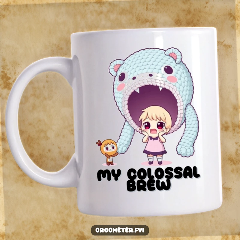 Funny mug with a surprised character looking up in awe at a gigantic, unexpectedly large crocheted item.