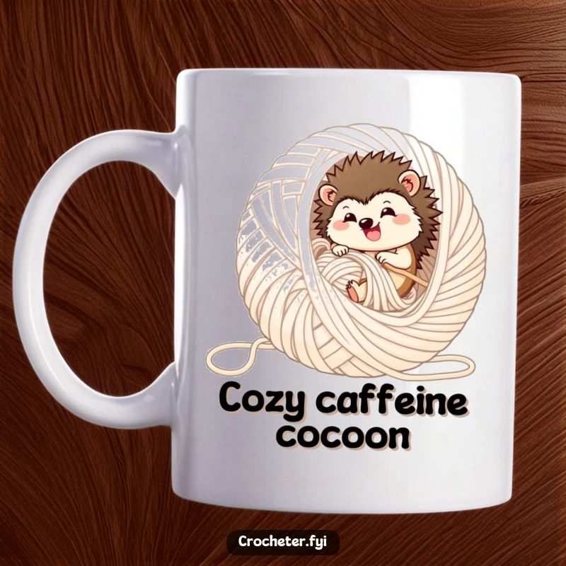 Funny hedgehog mug, gleefully rolling inside a massive, unraveled ball of colorful yarn, showcasing pure joy.