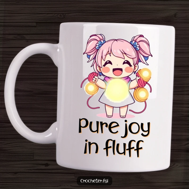 Funny mug, joyful character holding vibrant yarn skeins like glowing orbs, happy crafter gift.