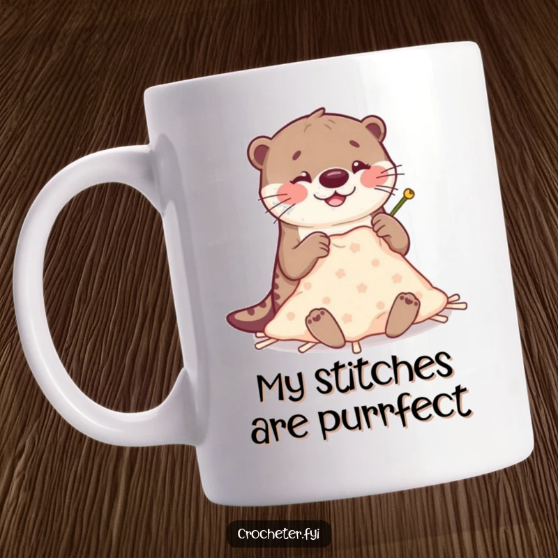 Funny Otter Crafting Mug: A happy otter humorously stitches a small blanket with oversized, clumsy needles, perfect for gift recipients.