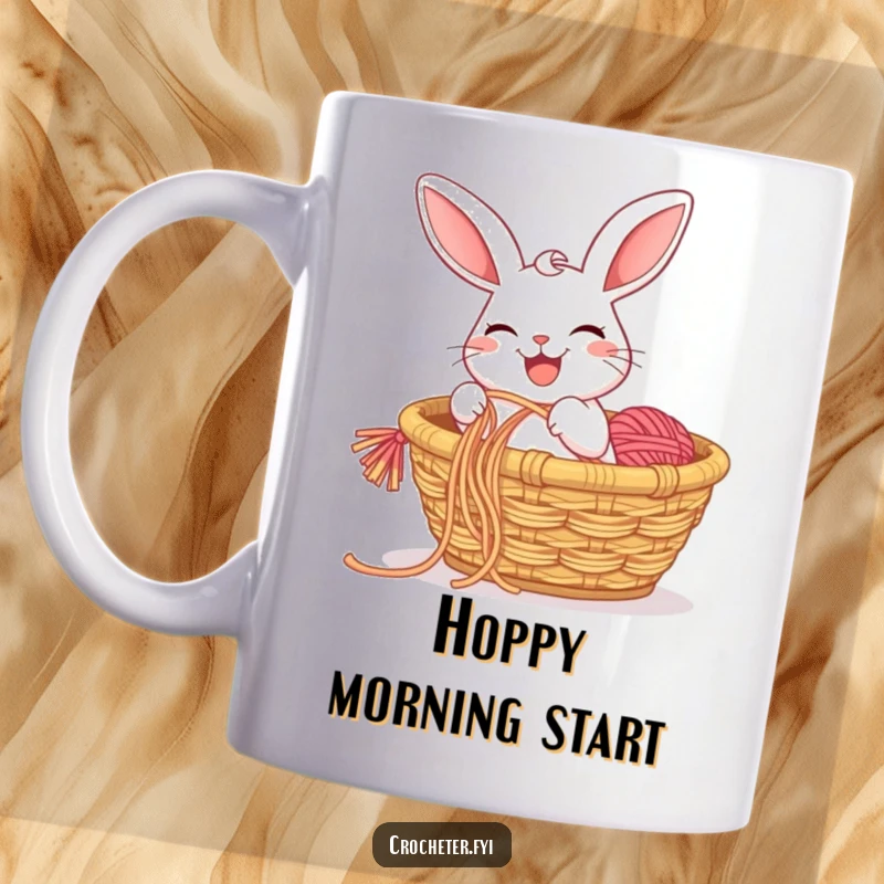 Funny mug showing a grinning rabbit happily pulling a long string of yarn from a basket, a scene of delightful crafting.