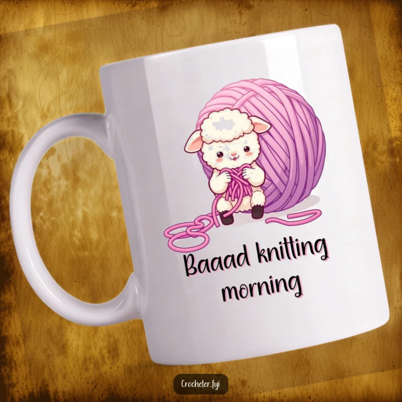 Funny Sheep Mug featuring a small, fluffy sheep character comically struggling to knit a giant, hopelessly tangled ball of yarn.