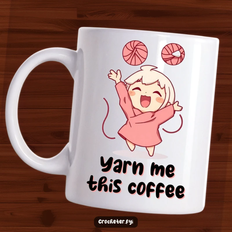 Funny Mug showing a character gleefully tossing a ball of yarn into the air, radiating pure, unadulterated joy.
