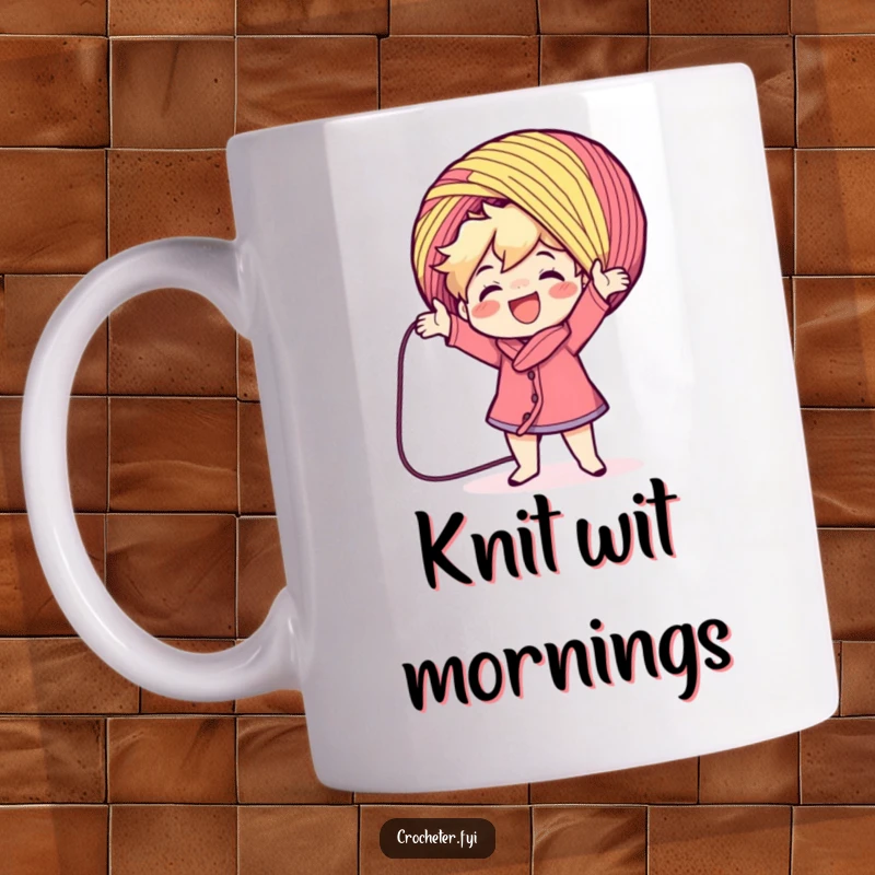 Funny character enthusiastically casting a large colorful yarn ball, on a mug. A cheerful crafting scene, great as a funny gift.