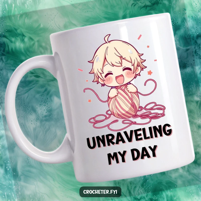 Funny Mug depicting a character with wide eyes, excitedly unraveling a ball of yarn, sending strands flying in a joyful explosion.