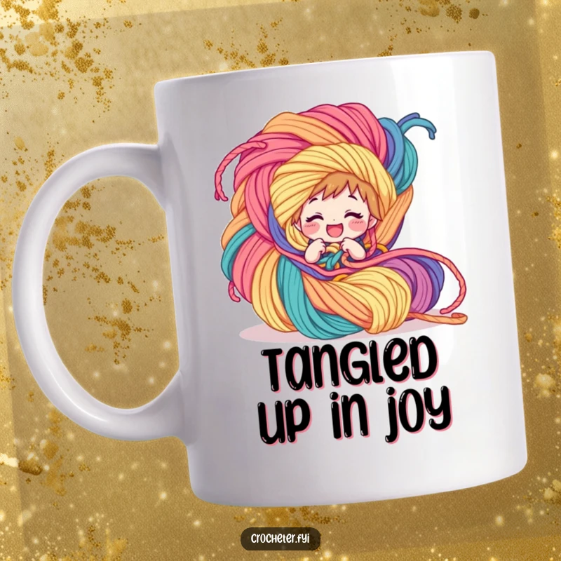 Funny Coffee Mug: A giggling character is joyfully entangled in a massive, colorful yarn creation, celebrating crafty mishaps.