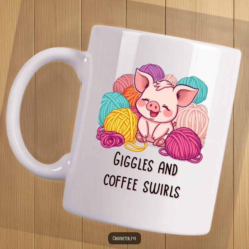 Funny giggling piglet surrounded by colorful yarn, depicted on a mug, a humorous and cute gift for crafters.