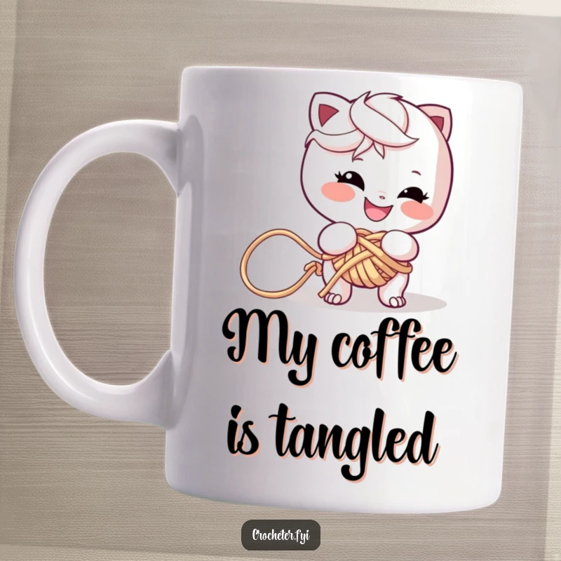 Funny mug featuring a playful character with a mischievous grin, hilariously tangled in a messy knot of colorful yarn.