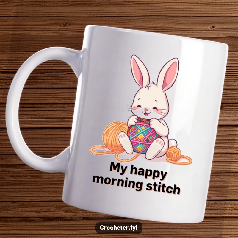 Funny bunny character happily stitching a colorful pattern with big yarn, showcasing creativity and crafting passion on a mug.