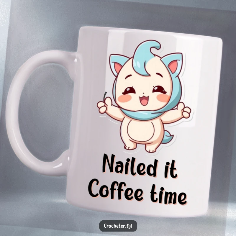 Funny mug with a happy character beaming with pride while showing off a perfectly formed knitting stitch.