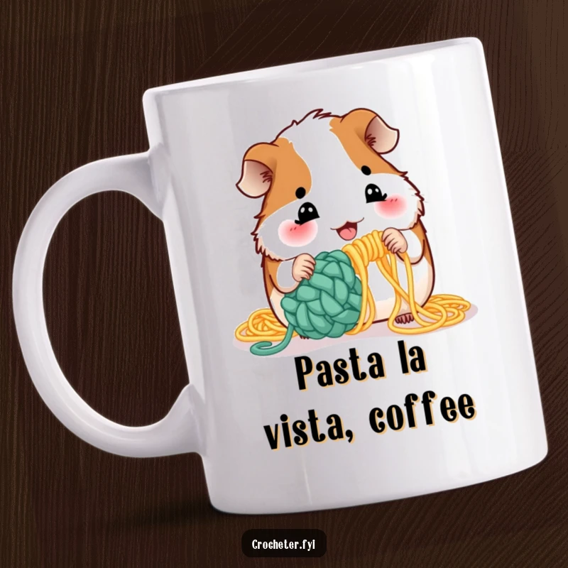 Funny guinea pig mug showing a playful rodent attempting to crochet a project using uncooked spaghetti strands.