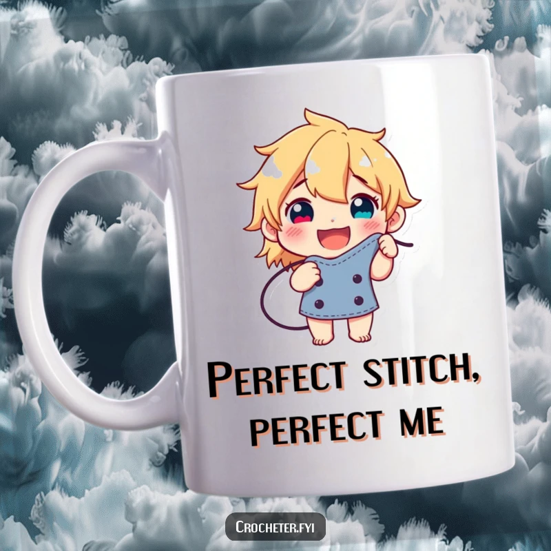 Funny mug featuring a happy character proudly displaying a perfectly formed stitch, radiating accomplishment and joy.