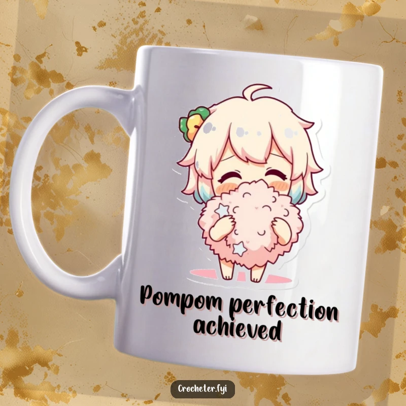 Funny Mug featuring a beaming character happily admiring a perfectly crafted, fluffy pompom they just made, radiating pure crafting delight.
