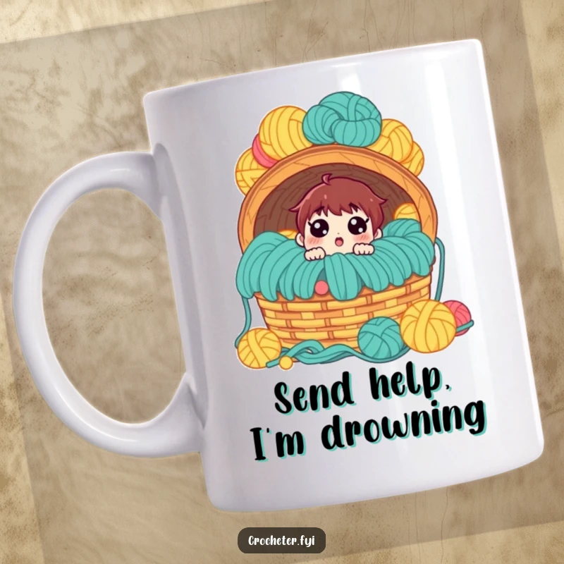 Funny mug, startled crafter overwhelmed by a giant overflowing basket of colorful yarn, perfect gift for knitters.
