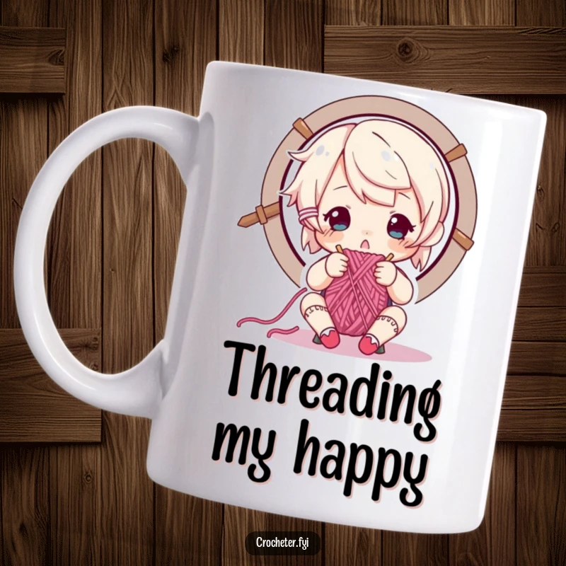 Funny mug showing a focused character carefully weaving yarn through a needle's eye, highlighting knitting precision.