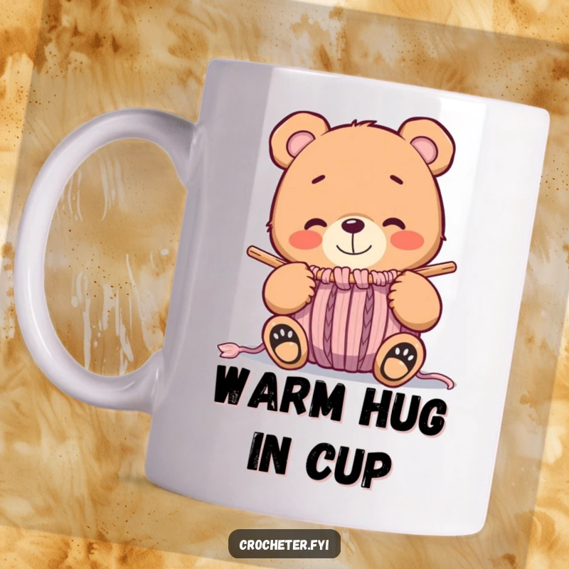 Funny whimsical bear smiling contentedly at a nearly finished knitted item, a cozy and humorous mug design.