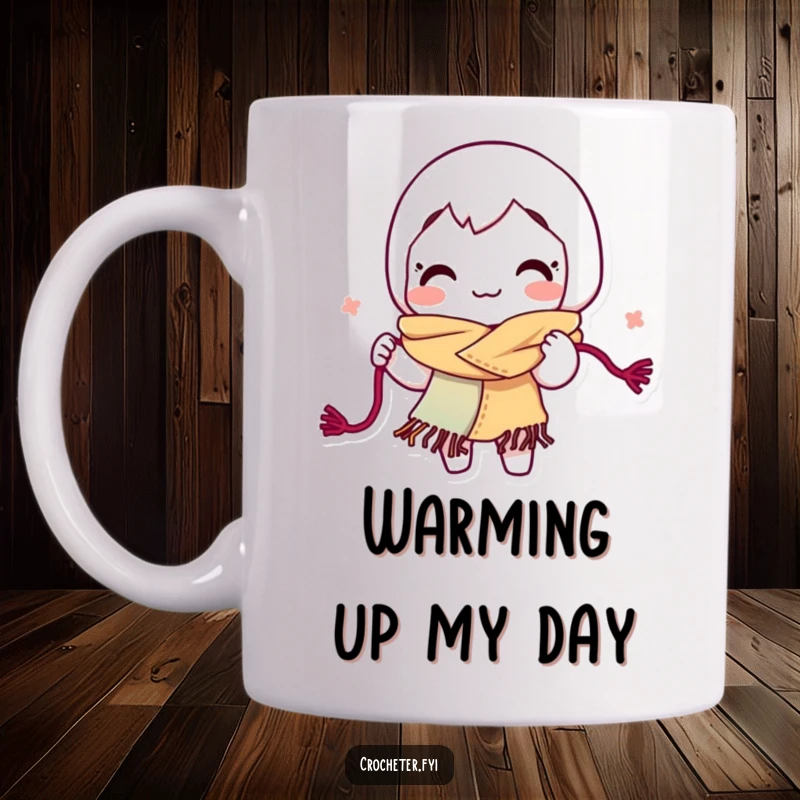 Funny yarn looping mug, a smiling character energetically creating a colorful scarf with yarn, showcasing crafty fun.