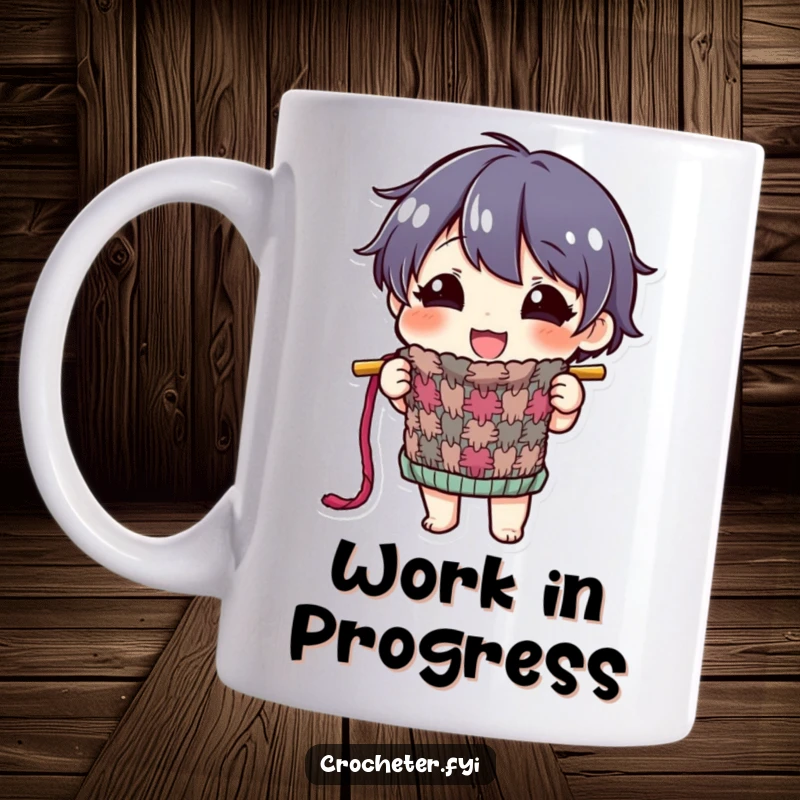 Funny mug with a happy character proudly displaying a colorful, half-finished knitted item, celebrating crafting progress.