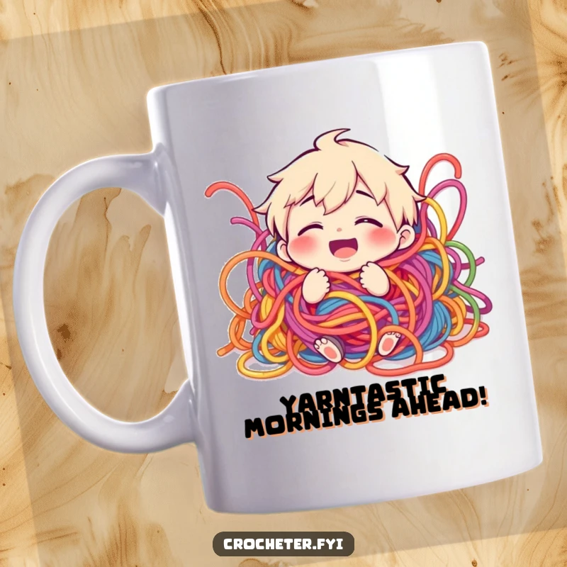 Funny mug with a giggling character playfully tangled in a vibrant, messy explosion of colorful yarn, showcasing crafting fun.