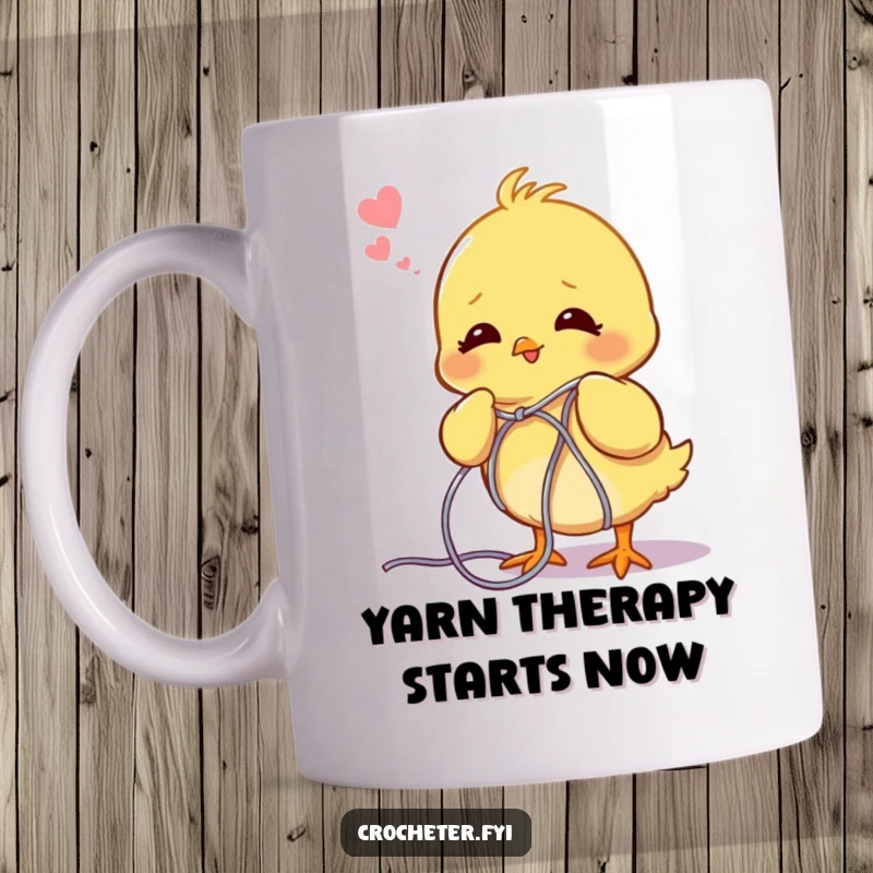 Funny chick mug, happily sighing as it unravels a giant tangle of colorful yarn, perfect for knitting enthusiasts.