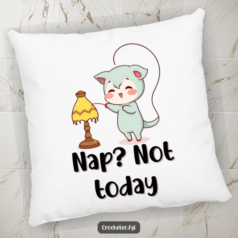 Funny pillow, mischievous character looping thread around a lamp, soft and humorous decorative item.