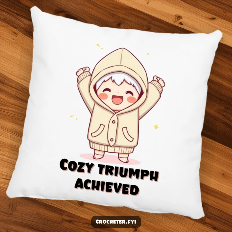 Funny pillow featuring a joyful character triumphantly finishing a cozy garment, a celebratory and humorous home accent.