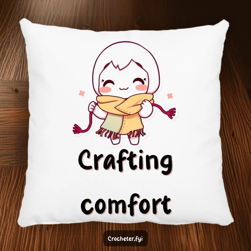 Funny yarn looping pillow, showing a smiling character energetically crafting a colorful scarf with yarn loops.