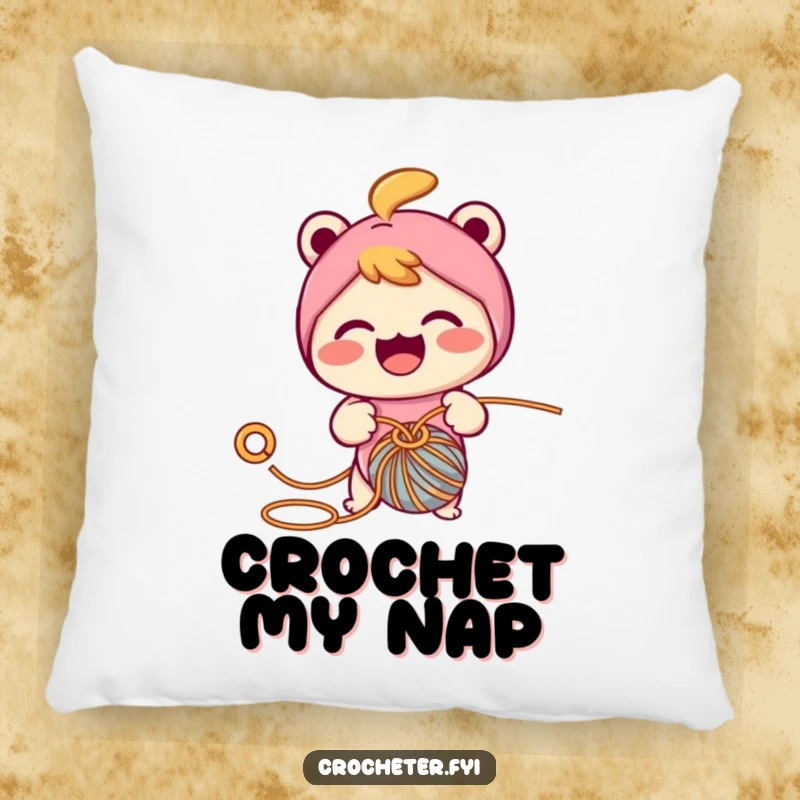 Funny pillow featuring a cheerful character energetically crocheting, pulling yarn through a loop with a hook, designed for cozy comfort.