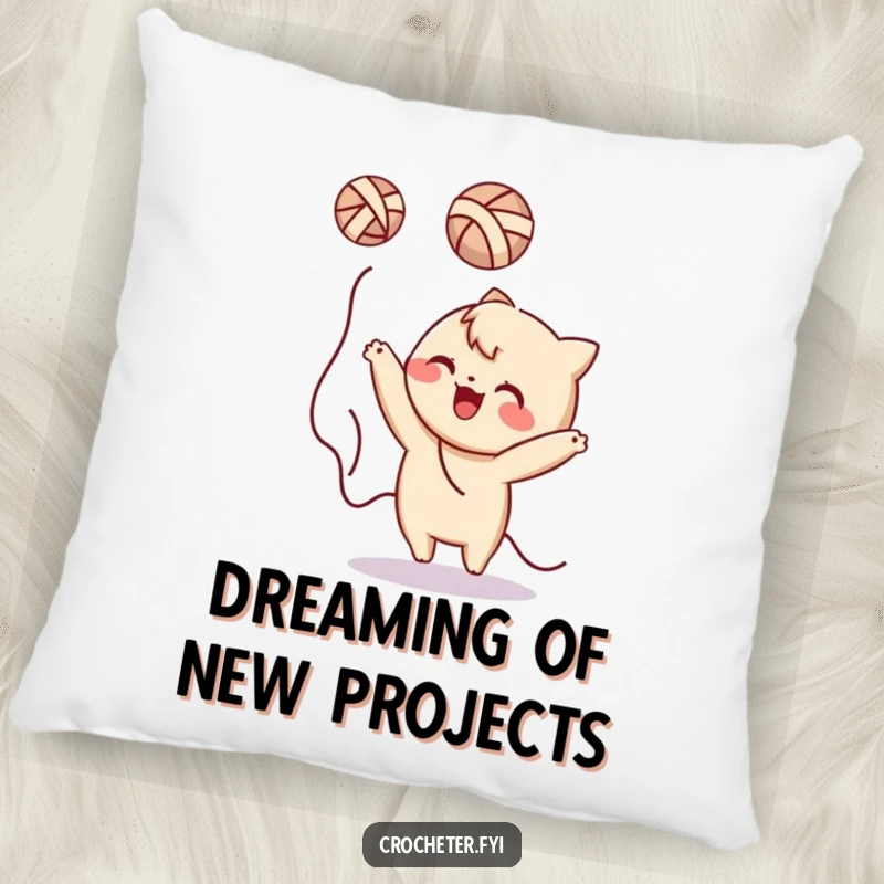 Funny yarn tossing character pillow, soft and plush, depicting a character in a comical yarn entanglement.