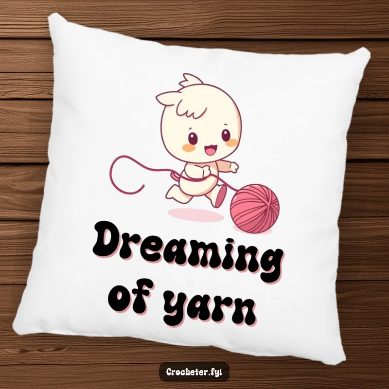 Funny pillow featuring a character playfully chasing a ball of yarn, offering cozy relaxation with a delightful touch of whimsical charm.